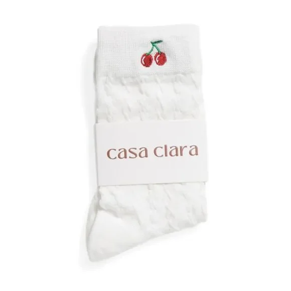 casa clara x Anthropologie Paulina White Embroidered Cherry Cable Knit Socks - Picture 2 of 8
